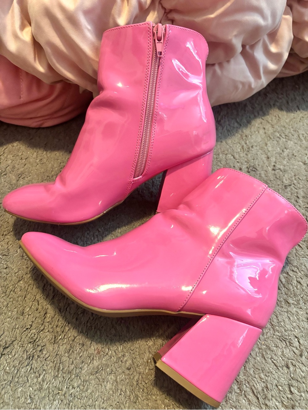 Pink Patent Block Heel Ankle Boots